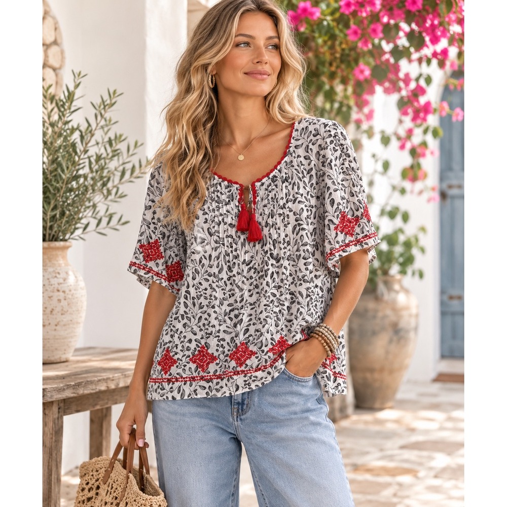 J. Jill Womens Large Cotton Embroidered Peasant Blouse Black‎ White Red Tassel L